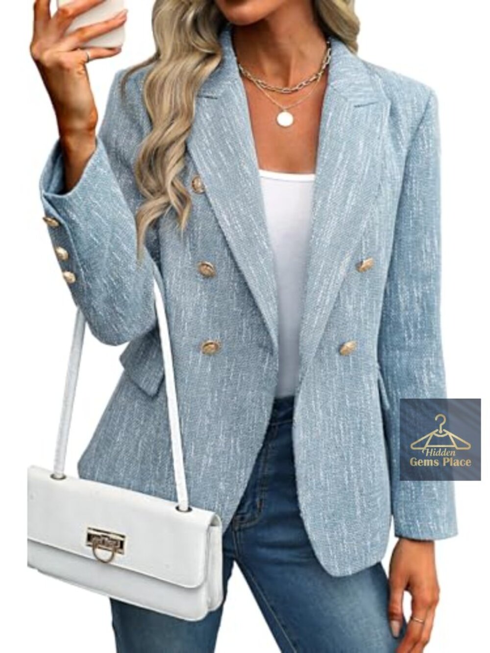 Women's Tweed Double-Breasted Blazer Business Casual Long Sleeve